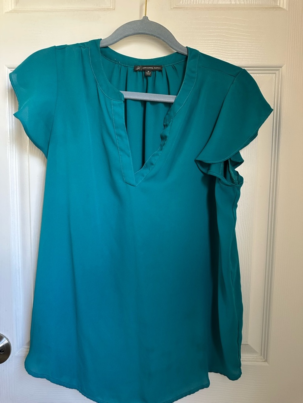 Adrianna Papell Teal V-Neck Flutter Sleeve Blouse